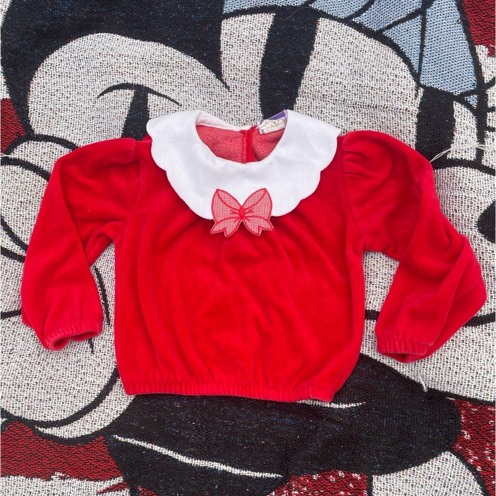 VTG HANDSTANDS RED VELVET BOW COLLAR L/S SHIRT HOLIDAY XMAS SIZE 24 MONTHS